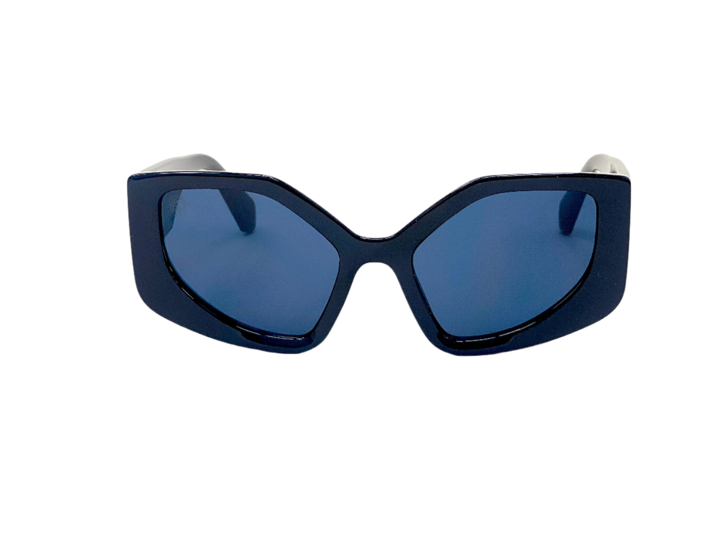 Blue sunglasses with a black frame on a white background