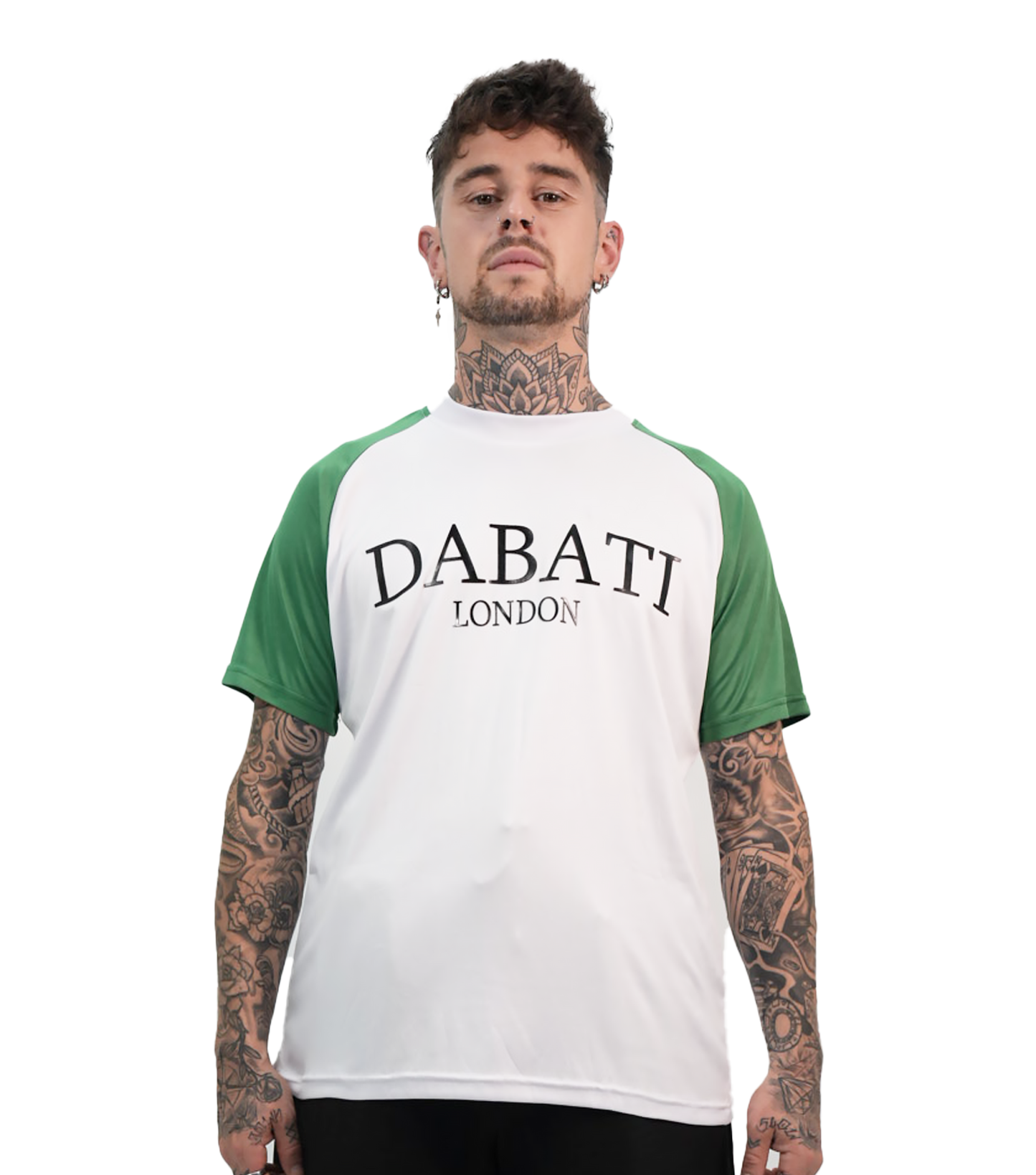 Front view of a green and white sporty T-shirt from Dabati London, featuring green raglan sleeves and a white body. The T-shirt is made with quick-dry fabric and displays a silicone 'Dabati London' logo on the chest, blending style and performance for everyday wear