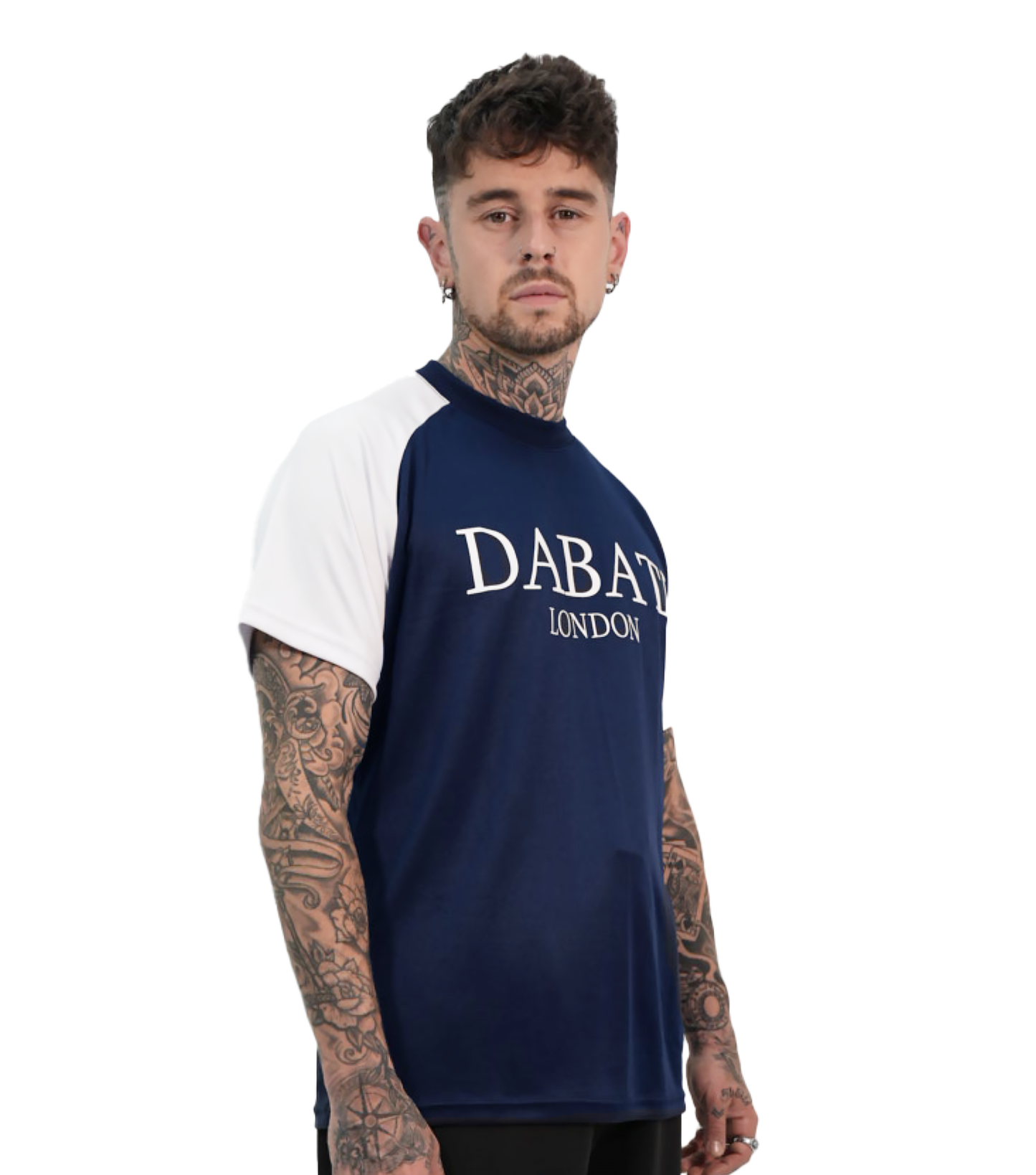 Side view of a blue and white sporty T-shirt from Dabati London, showcasing the sleek design with contrasting raglan sleeves and a smooth, quick-dry fabric. The T-shirt offers a comfortable fit, highlighted by the silicone 'Dabati London' logo on the chest.
