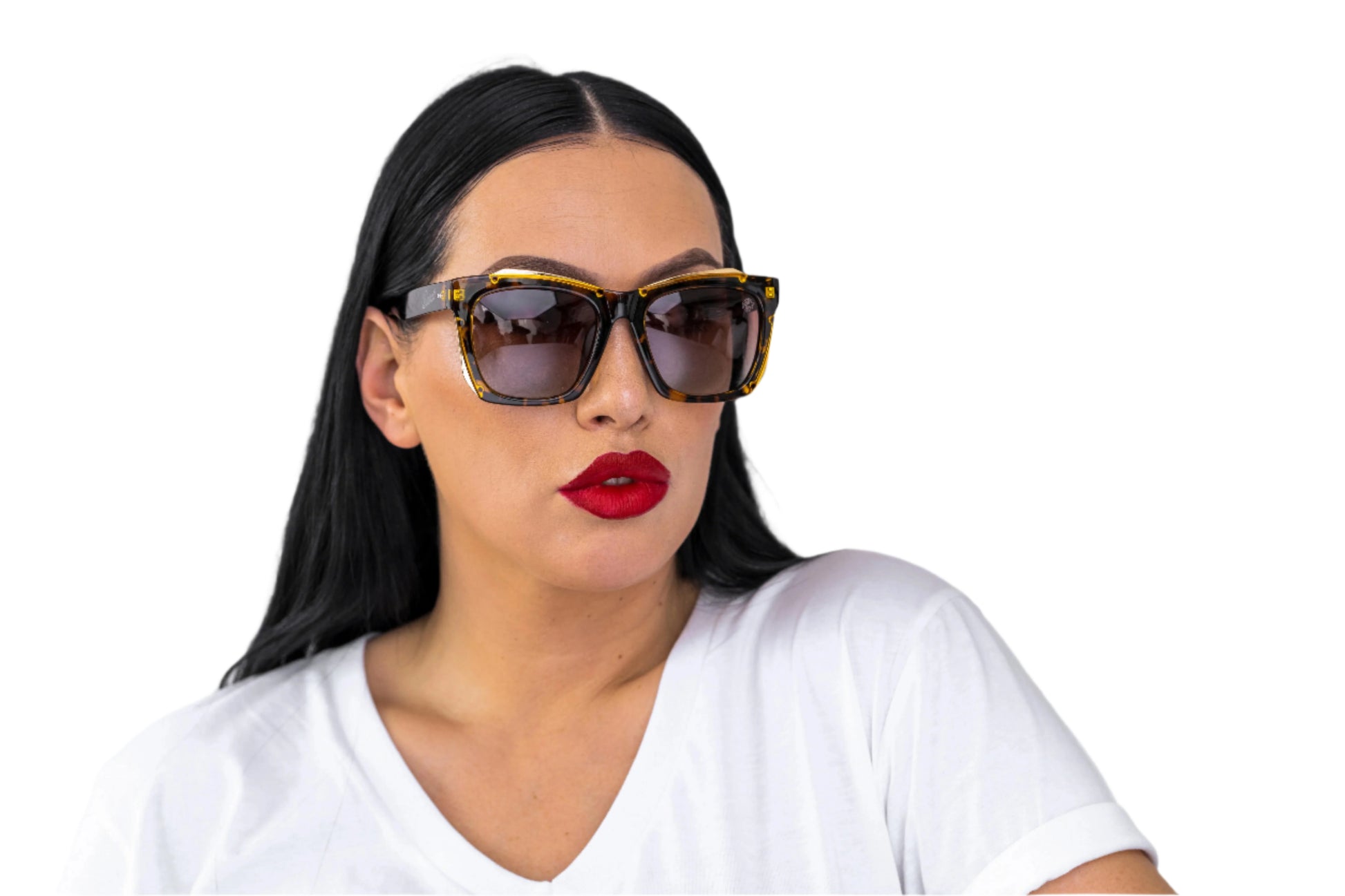 Woman wearing sunglasses and a white shirt on a white background