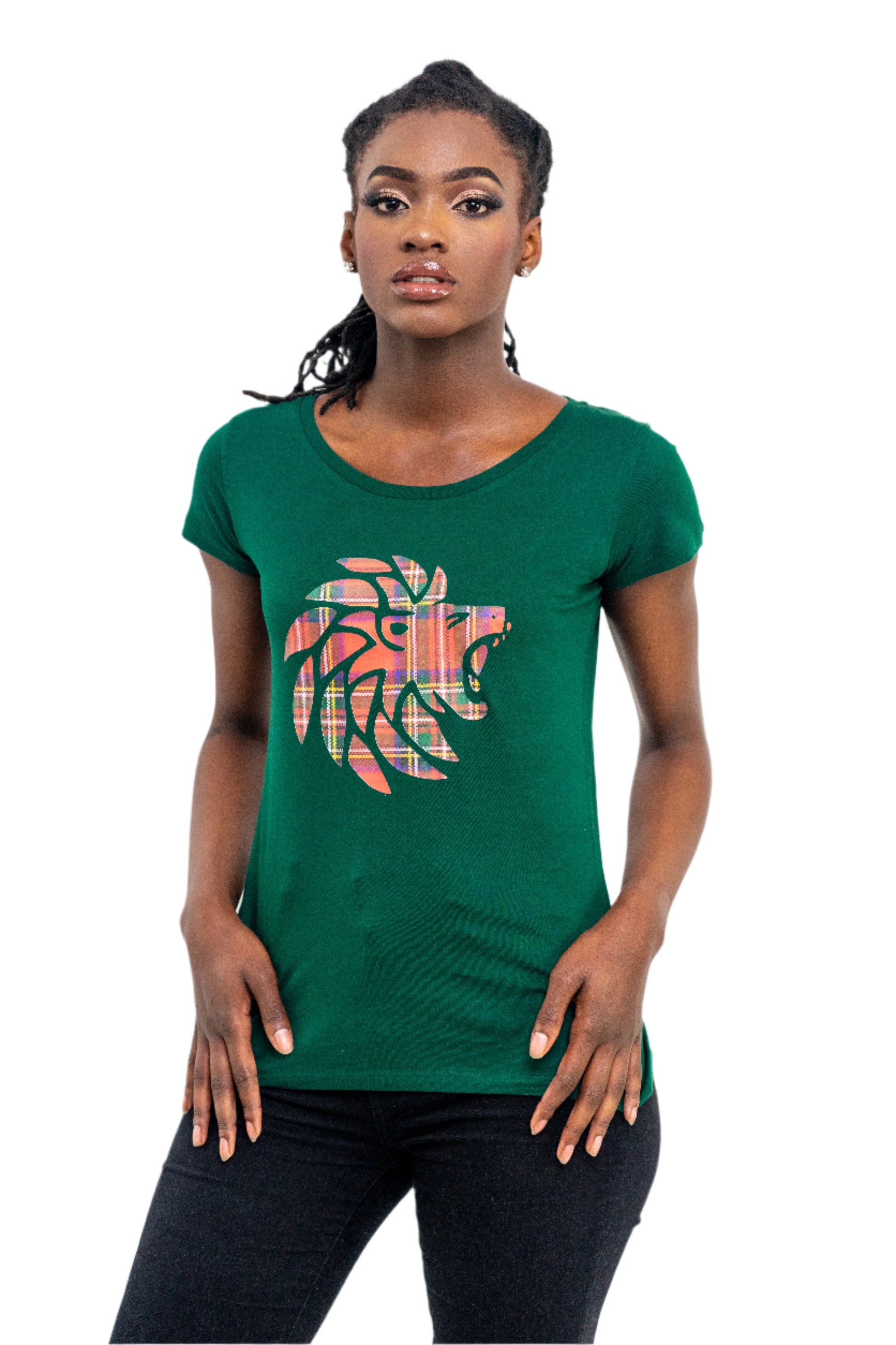 This T-shirt is a bold and stylish piece, perfect for expressing individuality with cultural flair. Crafted from a deep green fabric, it features a striking lion head graphic at the center, filled with a vibrant, multicolored plaid pattern. The lion design combines strength and creativity, making it both symbolic and eye-catching. With a flattering fitted cut and soft, breathable material, this tee offers all-day comfort while making a confident statement. Ideal for casual wear with a twist of personality.
