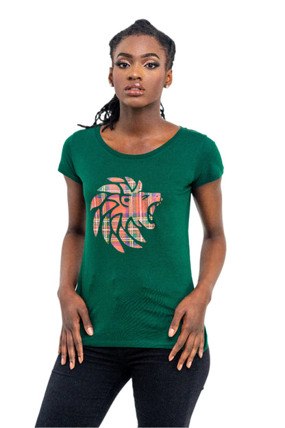 This T-shirt is a bold and stylish piece, perfect for expressing individuality with cultural flair. Crafted from a deep green fabric, it features a striking lion head graphic at the center, filled with a vibrant, multicolored plaid pattern. The lion design combines strength and creativity, making it both symbolic and eye-catching. With a flattering fitted cut and soft, breathable material, this tee offers all-day comfort while making a confident statement. Ideal for casual wear with a twist of personality.
