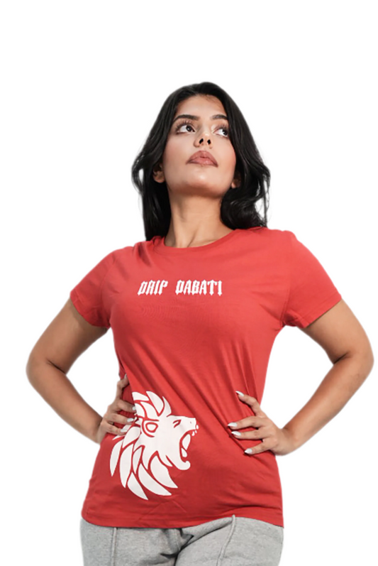 Woman wearing a red t-shirt with a logo and text, standing against a white background