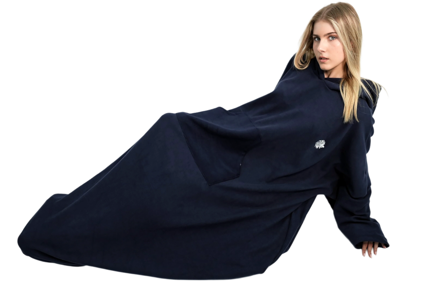 Person wearing a navy blue hoodie with a brand logo on a white background