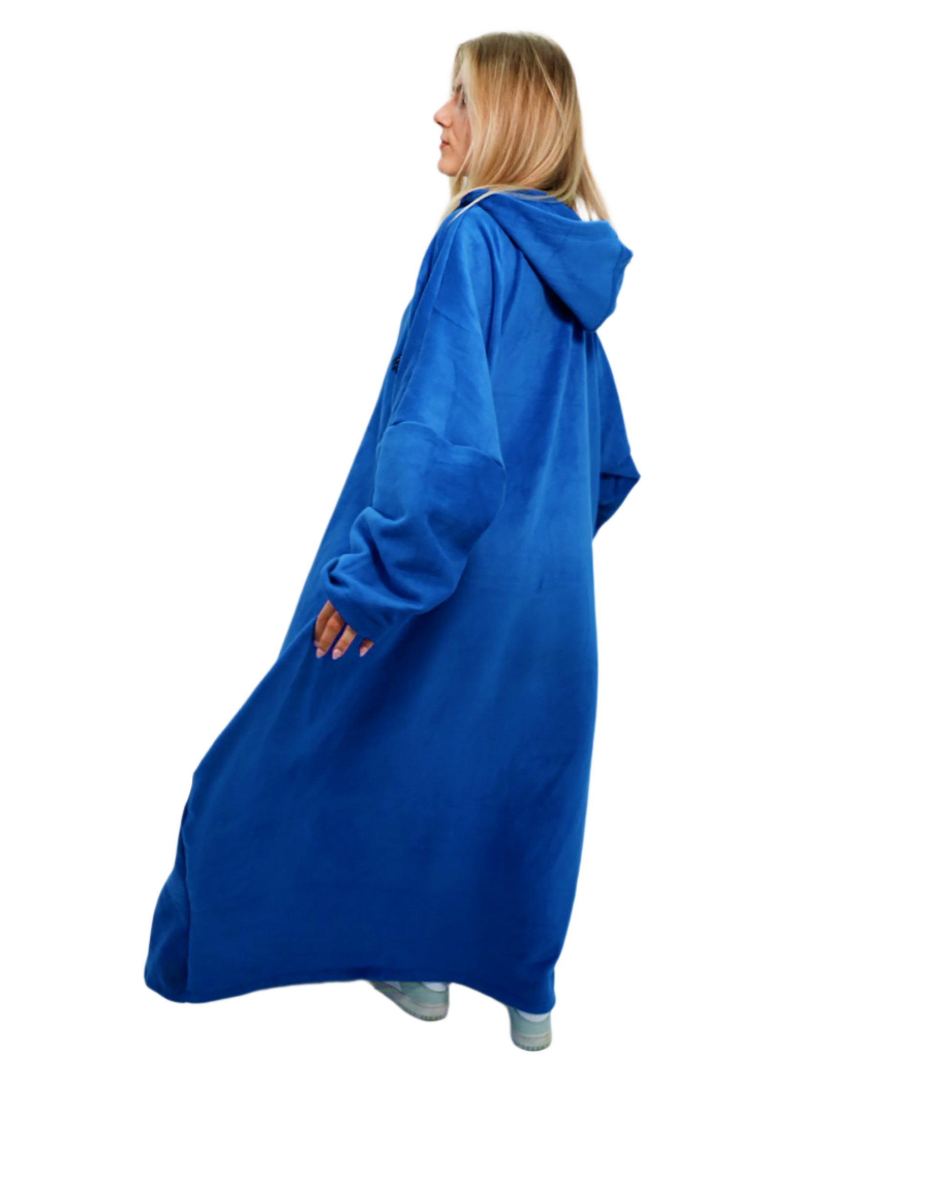 Person wearing a blue hooded cloak against a white background