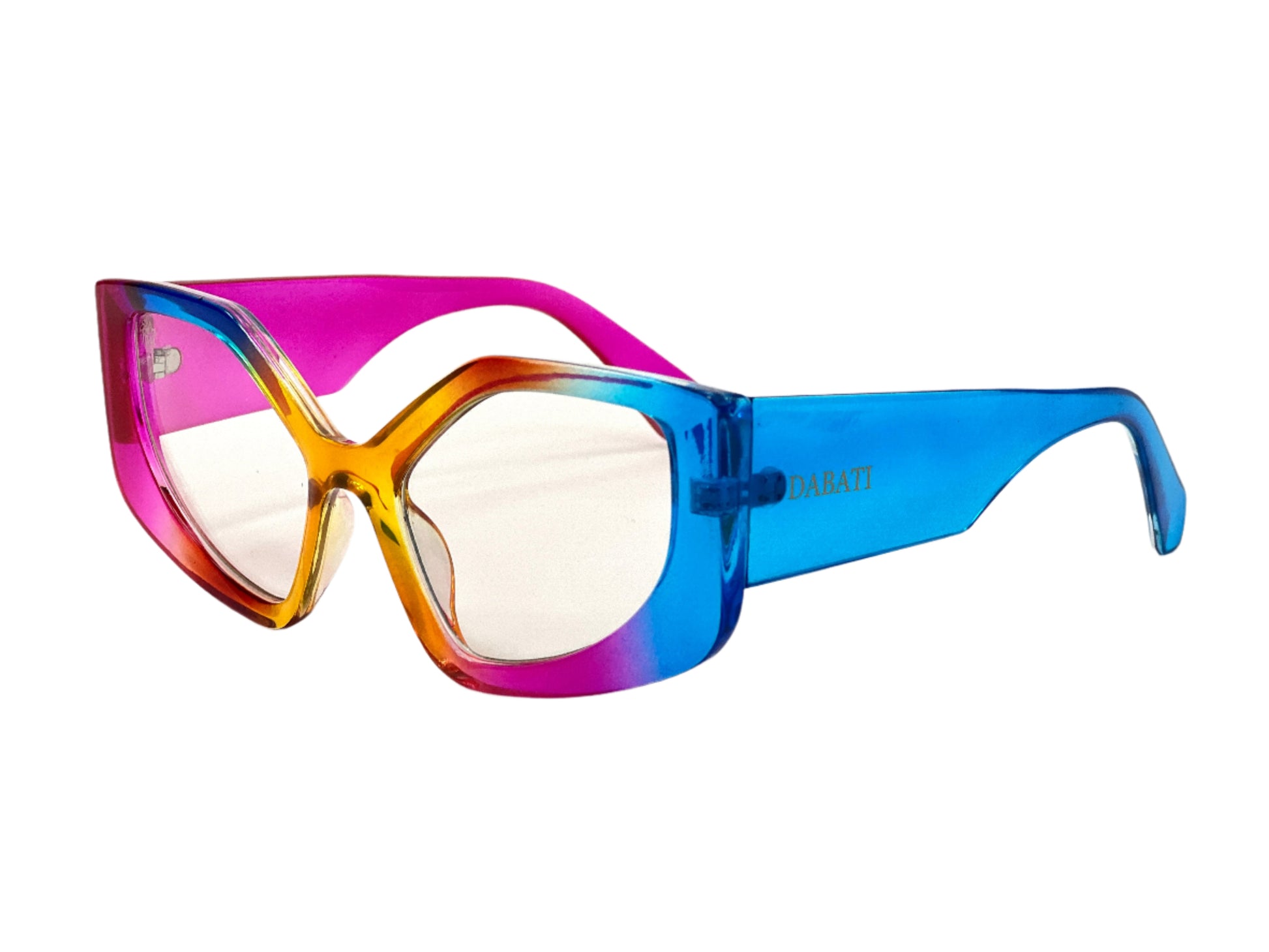 Multicolored cat-eye glasses on a white background