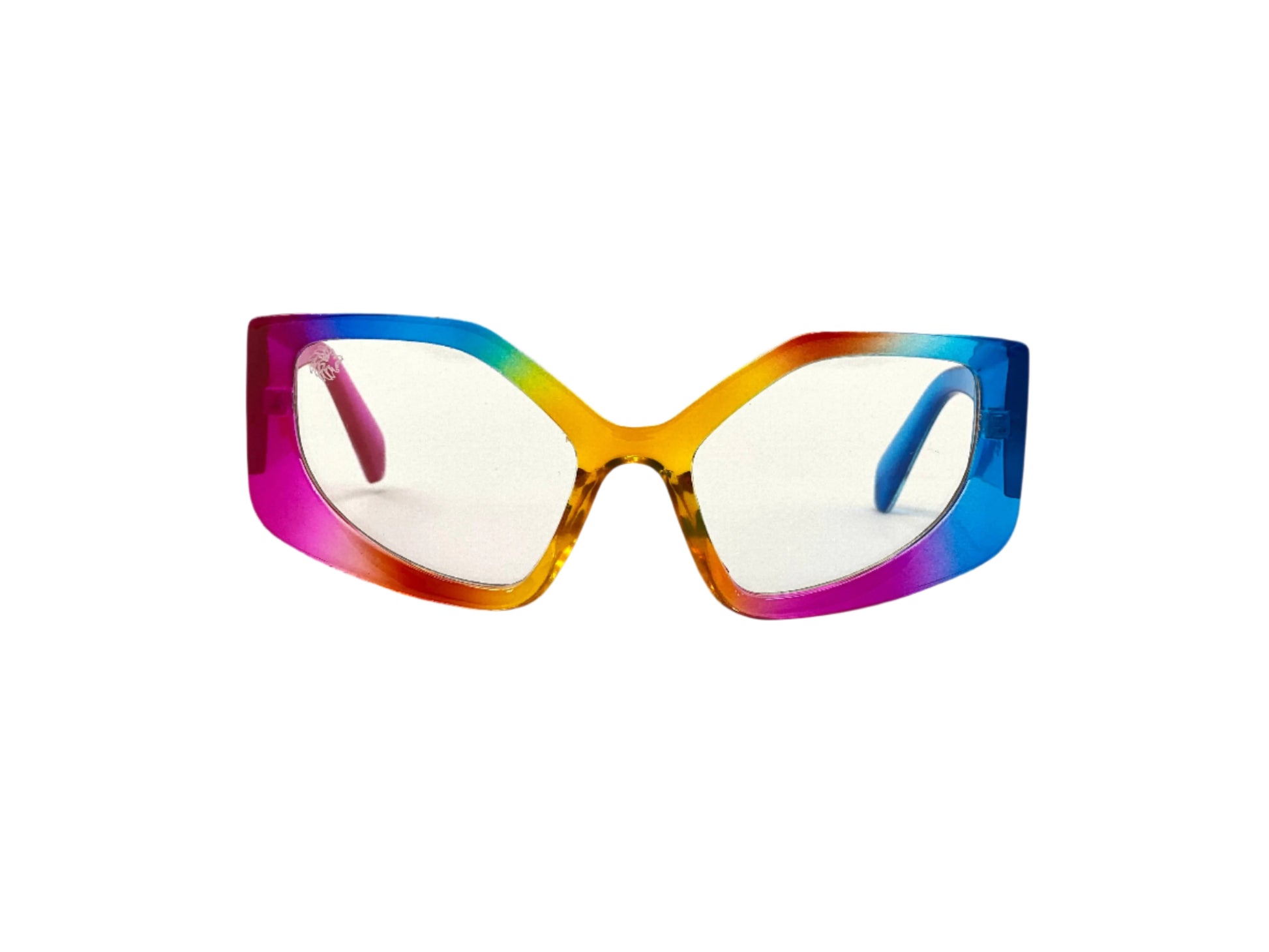 Multicolored cat-eye glasses on a white background