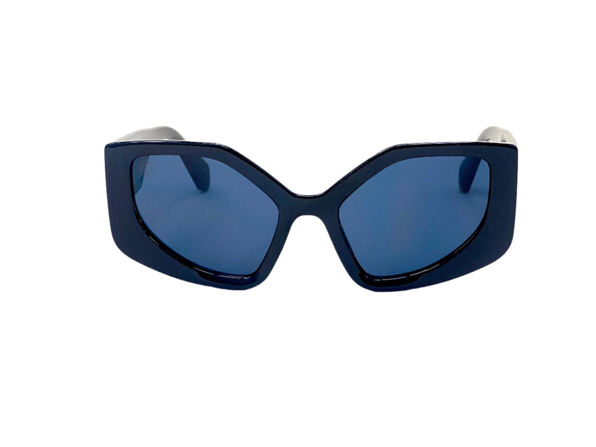 Blue sunglasses with a black frame on a white background