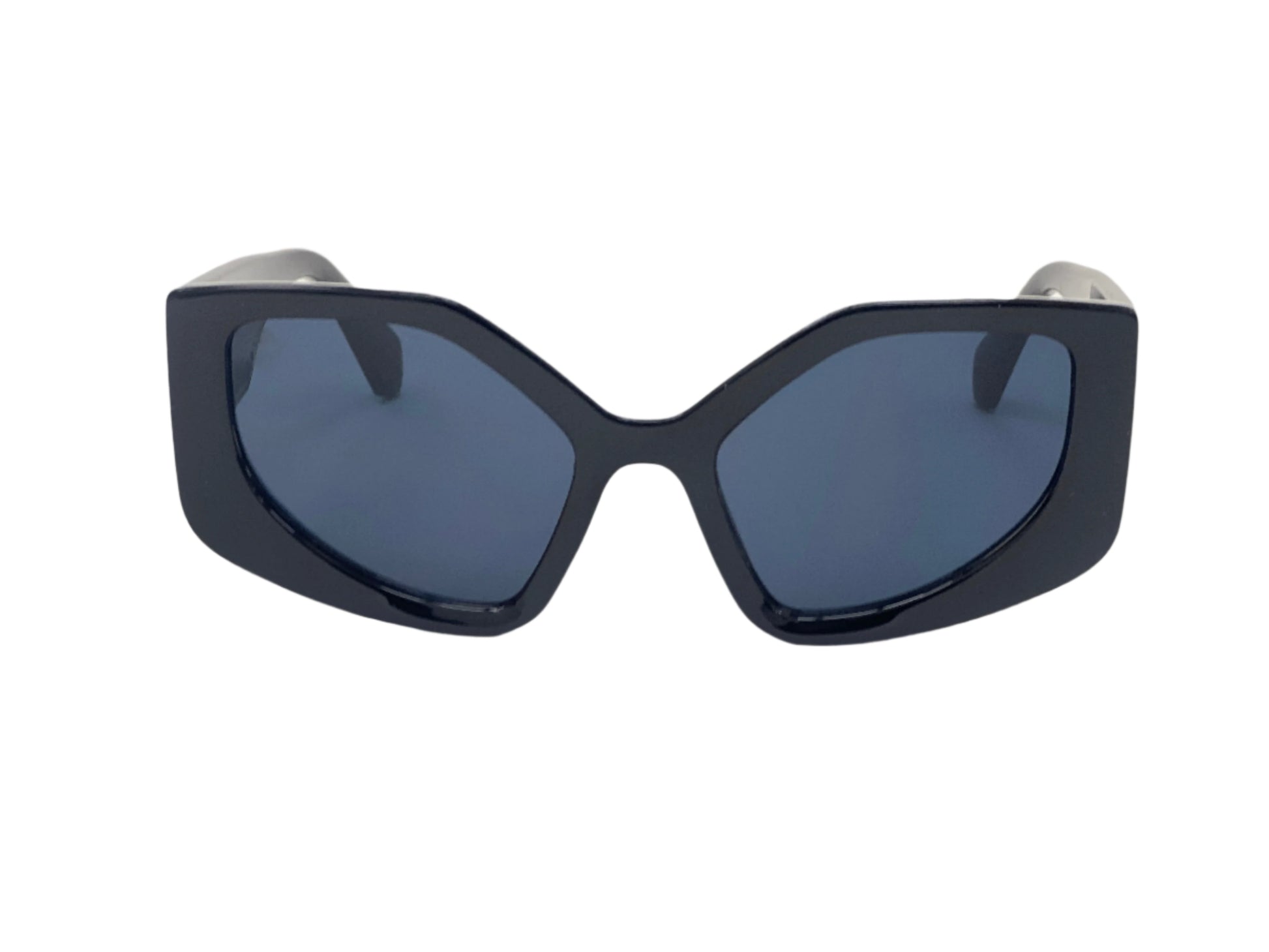Black cat-eye sunglasses with blue lenses on a white background