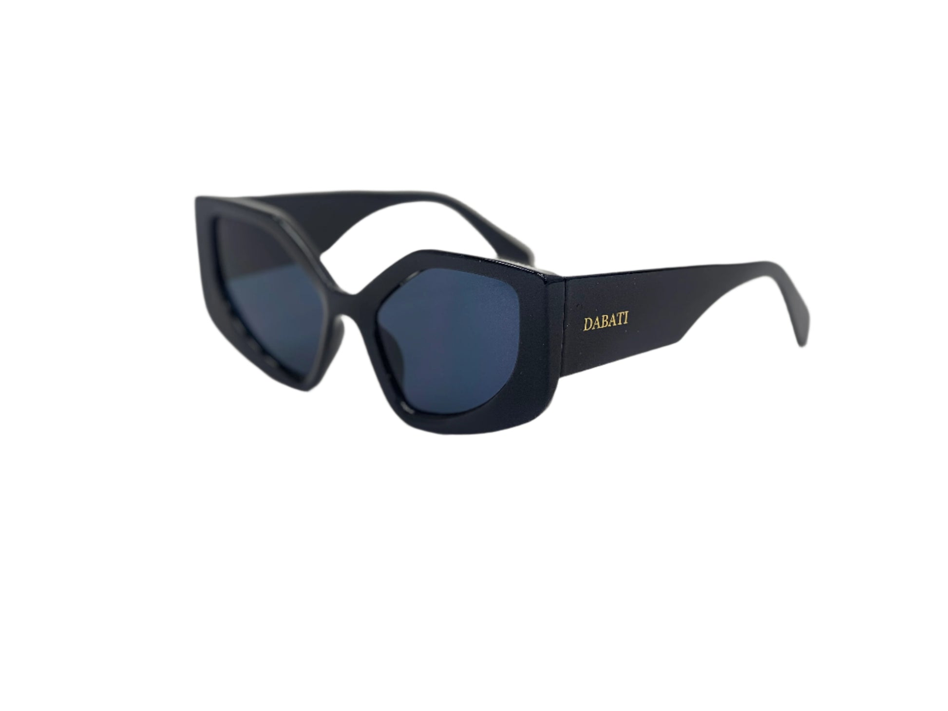 Black sunglasses with a brand logo on a light gray background
