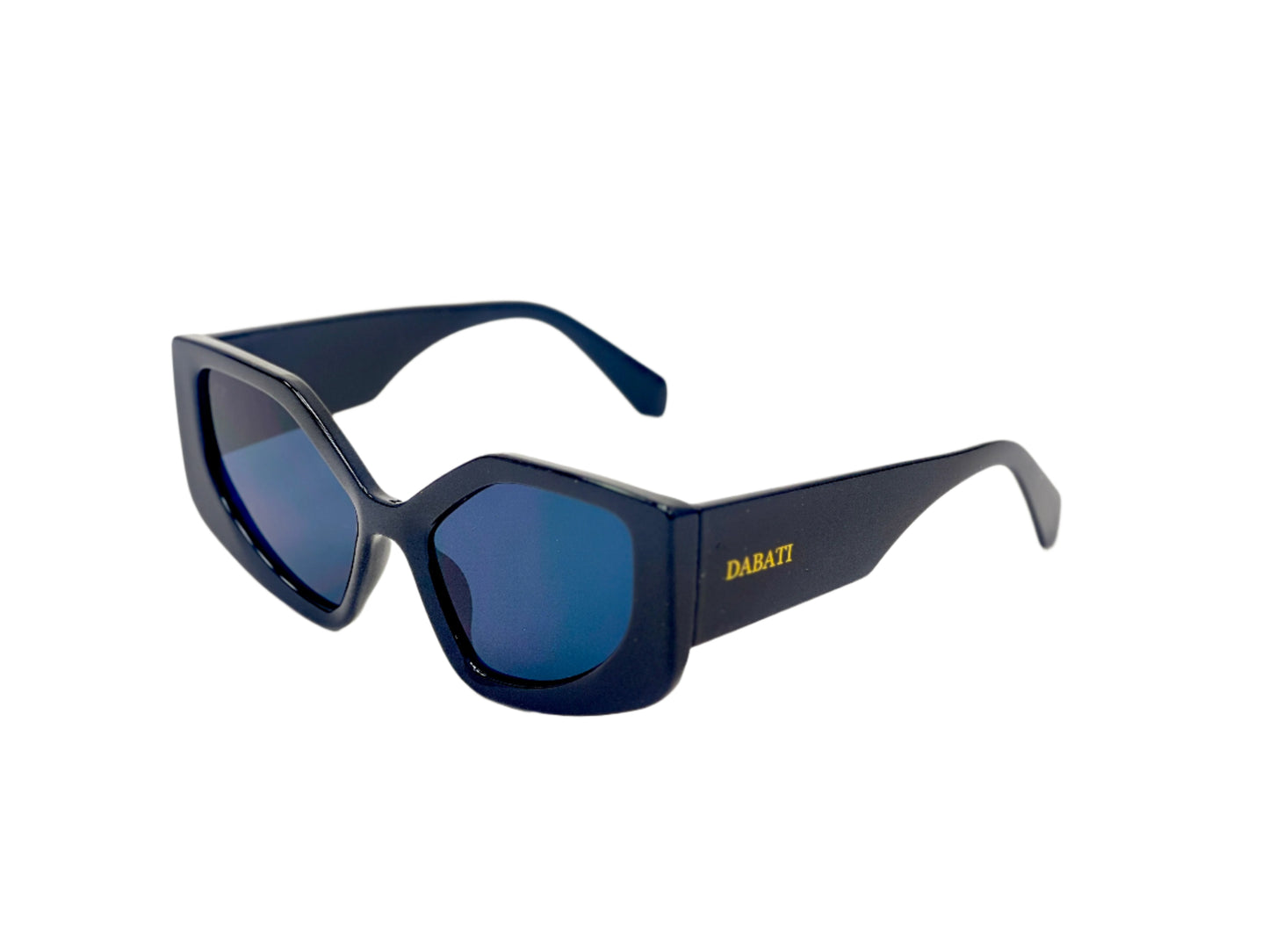 Blue sunglasses with a visible brand logo on a white background
