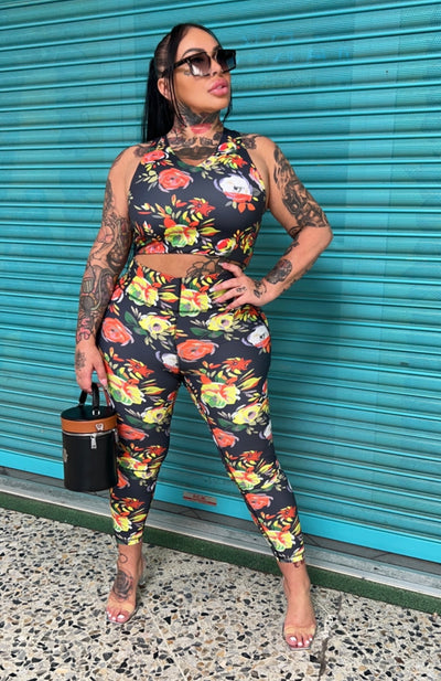 Influence Serena black & yellow two piece floral set