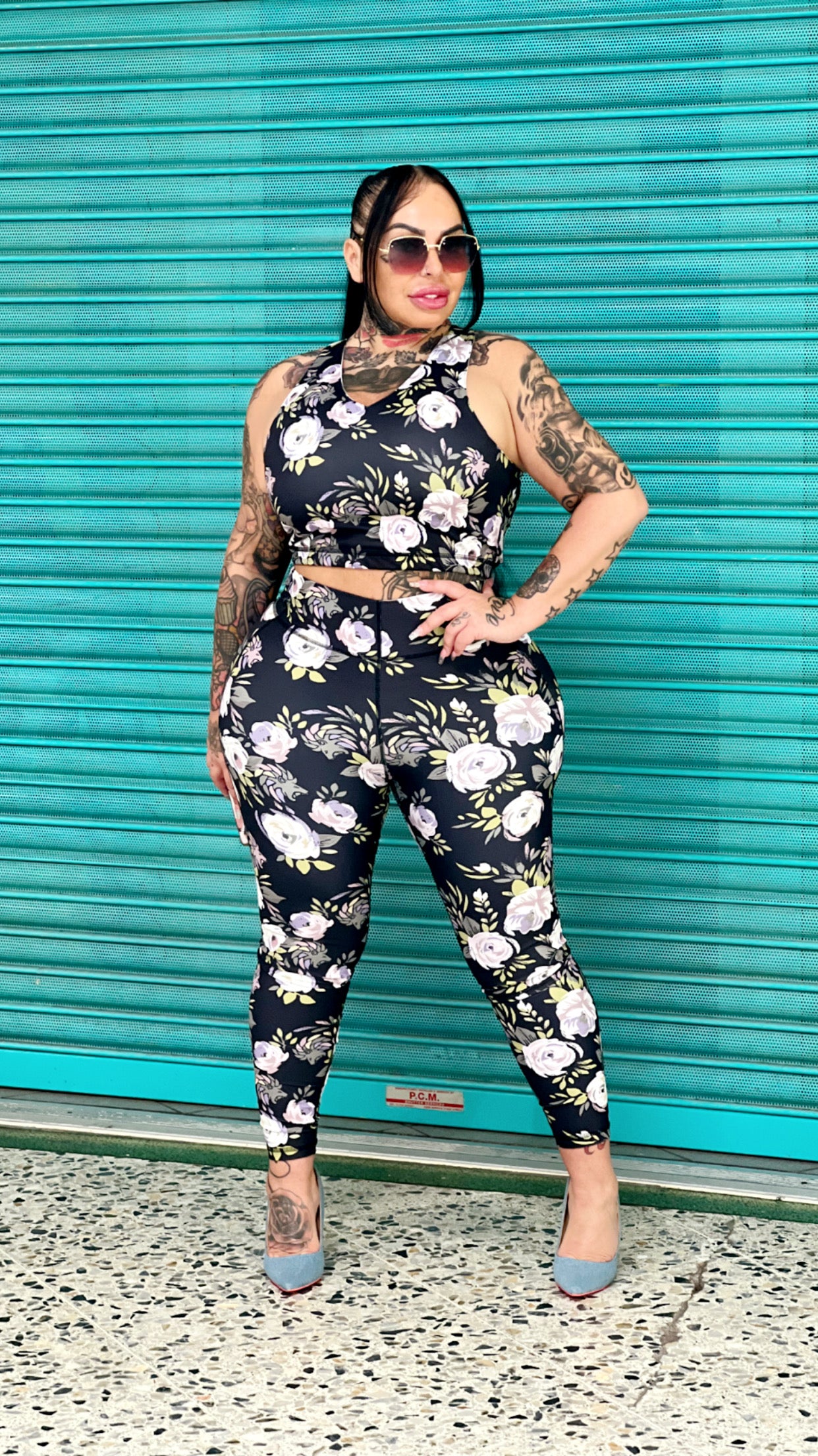 Influence  Serena Black Green two piece floral set
