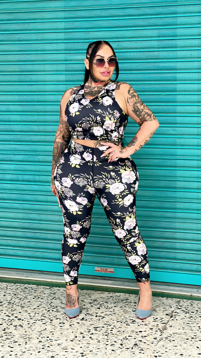 Evita Black and light green Floral Two Piece Set