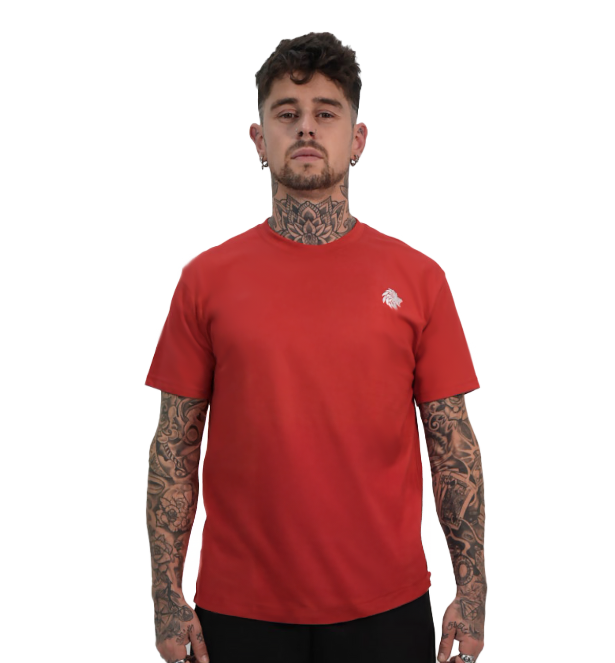 Man wearing a red t-shirt with a small logo on a white background
