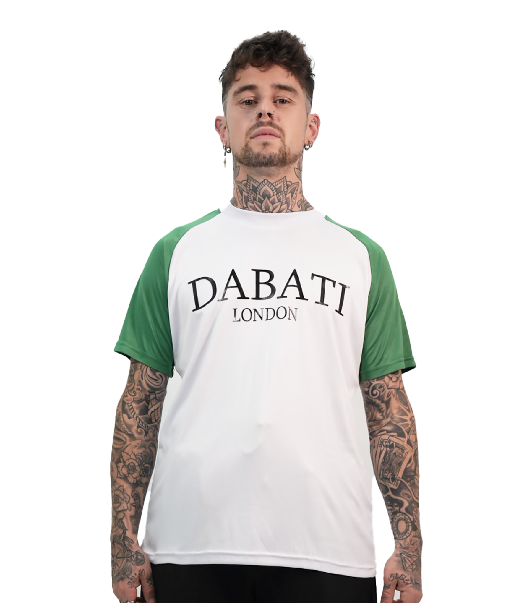 Front view of a green and white sporty T-shirt from Dabati London, featuring green raglan sleeves and a white body. The T-shirt is made with quick-dry fabric and displays a silicone 'Dabati London' logo on the chest, blending style and performance for everyday wear
