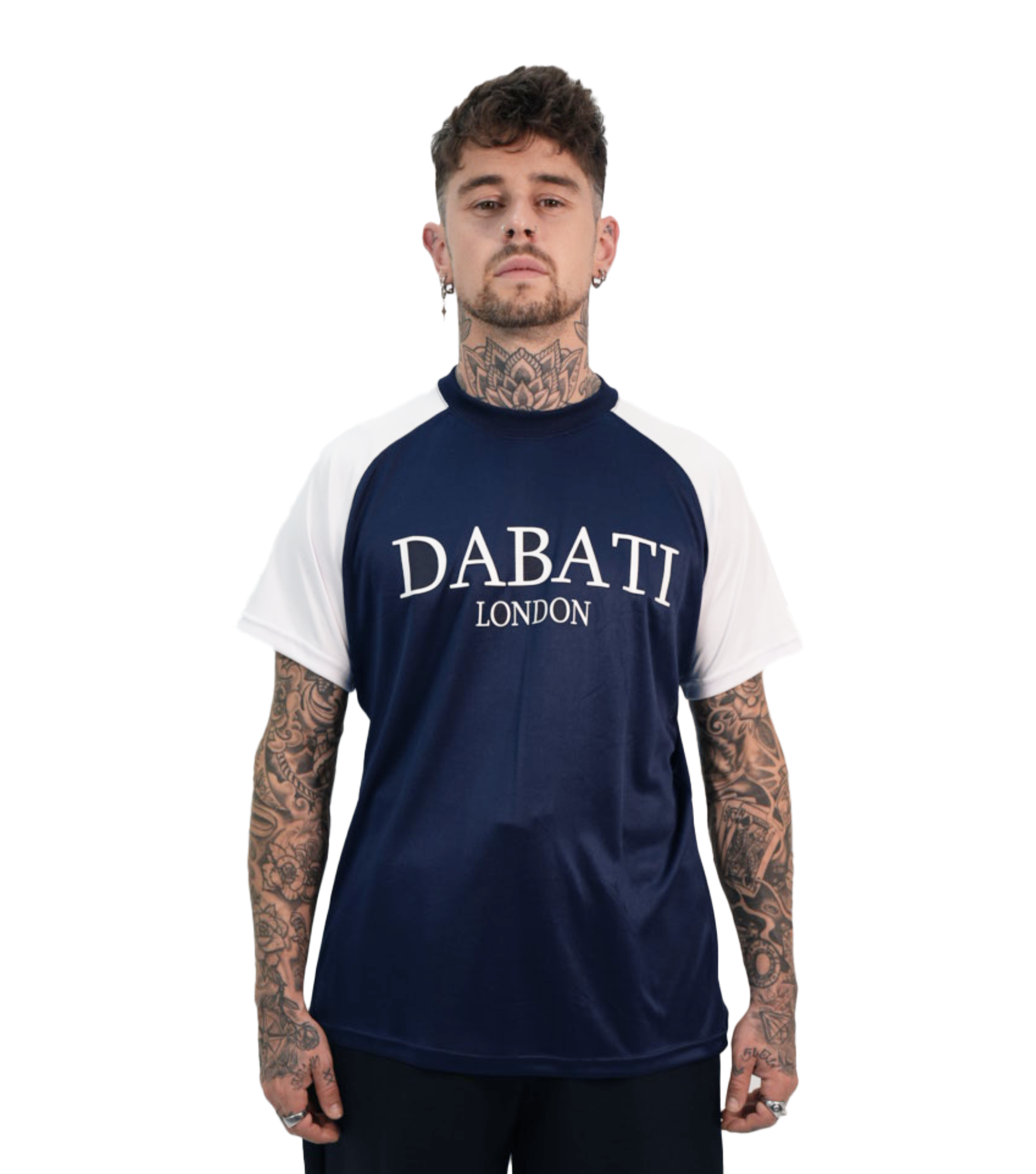 Front view of a blue and white lightweight sporty T-shirt from Dabati London, featuring contrasting raglan sleeves, quick-dry fabric, and a silicone 'Dabati London' logo on the chest. A sleek design perfect for activewear and everyday performance.