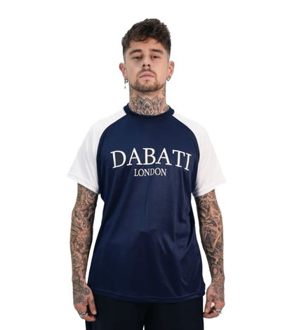 Front view of a blue and white lightweight sporty T-shirt from Dabati London, featuring contrasting raglan sleeves, quick-dry fabric, and a silicone 'Dabati London' logo on the chest. A sleek design perfect for activewear and everyday performance.