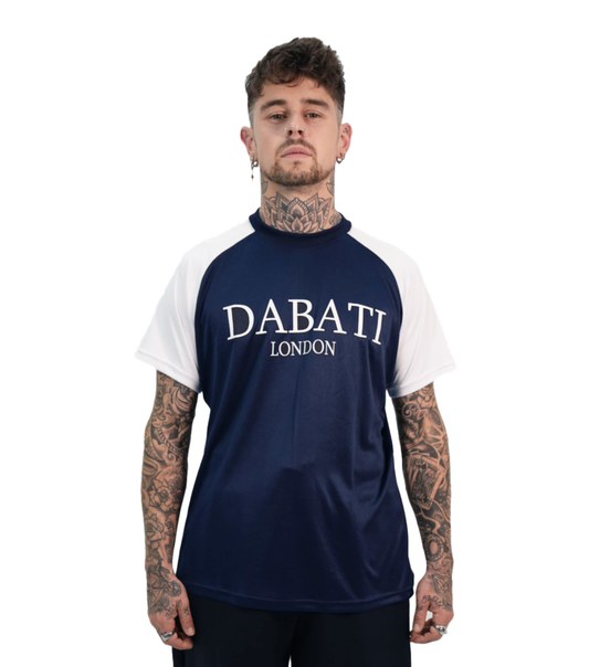 Front view of a blue and white lightweight sporty T-shirt from Dabati London, featuring contrasting raglan sleeves, quick-dry fabric, and a silicone 'Dabati London' logo on the chest. A sleek design perfect for activewear and everyday performance.