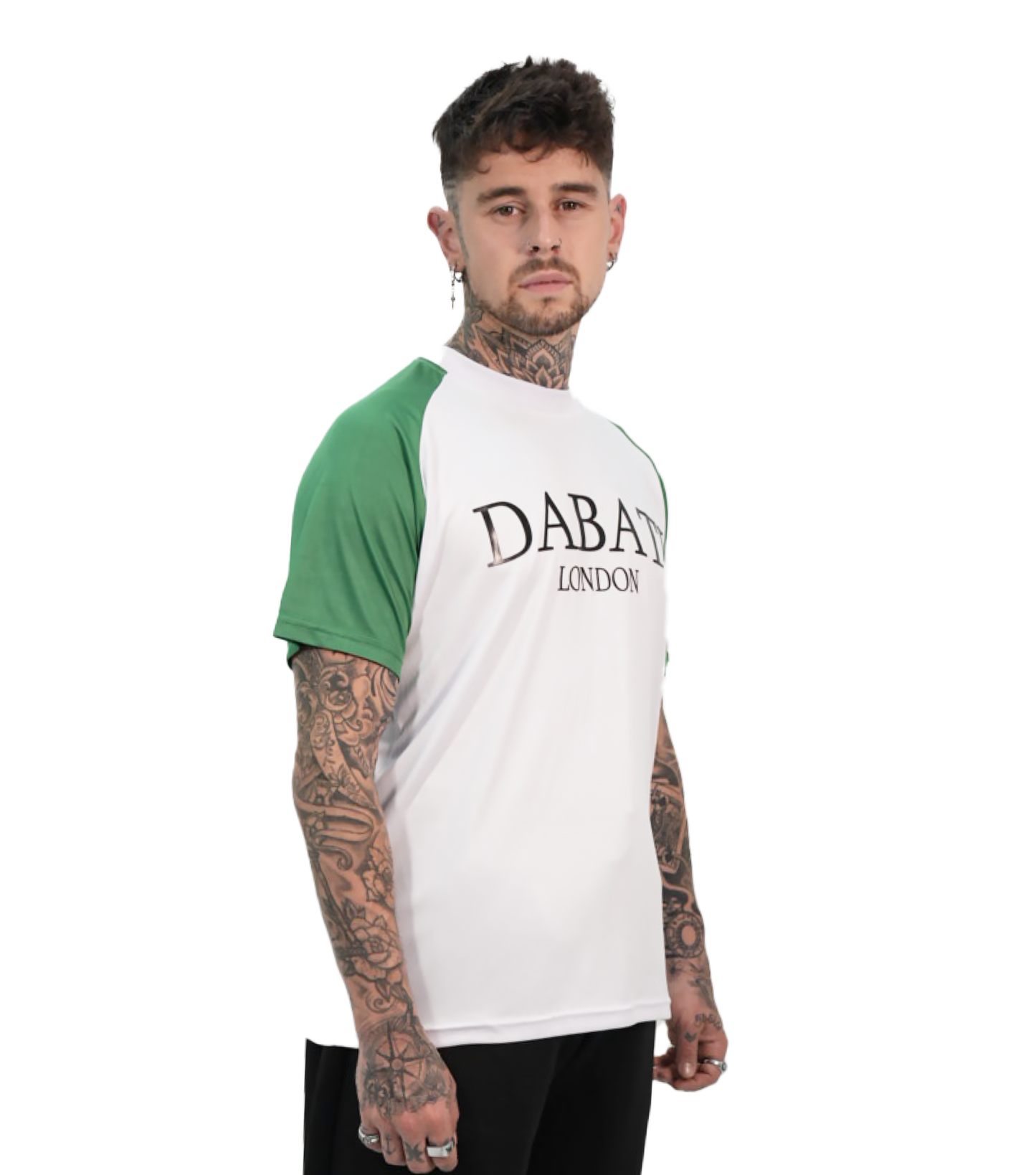 Side view of a green and white sporty T-shirt from Dabati London, featuring green raglan sleeves and a white body. The quick-dry fabric ensures comfort and breathability, while the silicone 'Dabati London' logo on the chest adds a stylish touch to this activewear piece.
