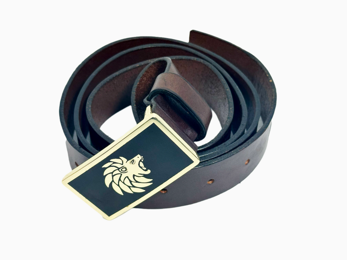 Brown leather belt with a gold and black buckle on a white background