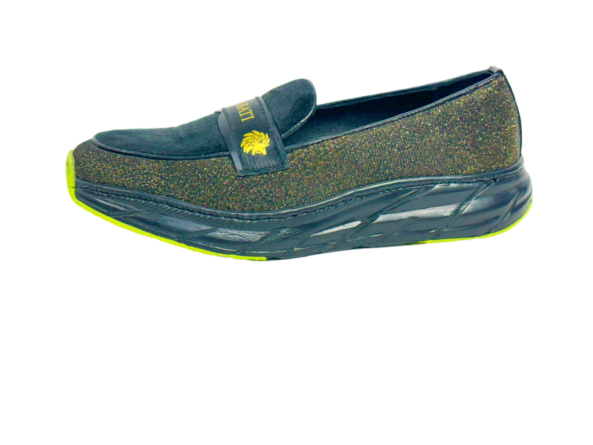 Navy slip-on shoe with green sole on a white background