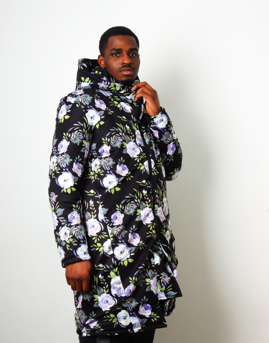 Black Long Floral Jacket Men's